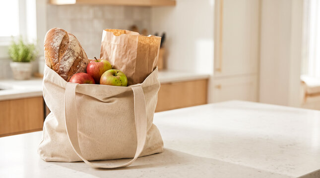 Reusable tote bag with fresh sourdough bread and apples on kitchen counter. Sustainable grocery shopping, zero waste and organic market concept.