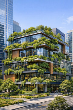 The building is an eco-friendly skyscraper with vertical gardens and rooftop greenery, showcasing sustainable design and urban integration.