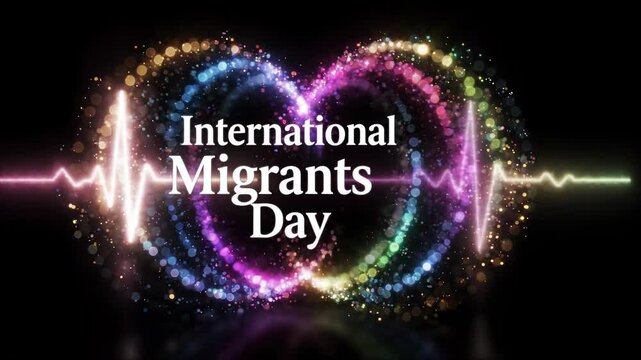 A vibrant, sparkling heart shape with a pulsating line surrounds the text 'International Migrants Day' on a dark background, symbolizing unity and life.