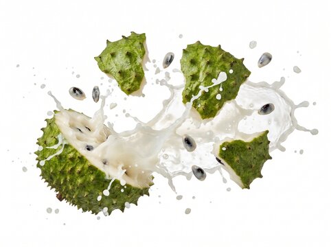 Soursop fruit splashing with milk or cream on a clean backdrop.