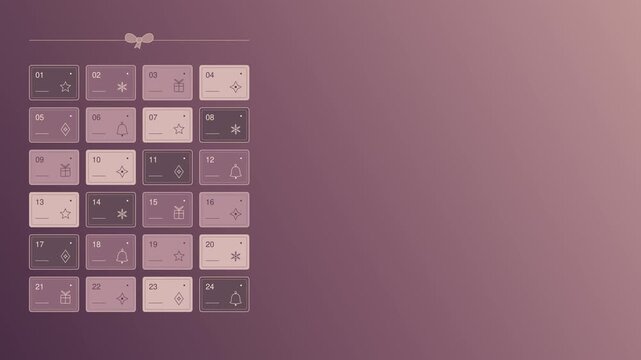 Christmas slideshow with an advent calendar and pastel gift boxes followed by festive string lights in a minimalist flat vector animation with gradient backgrounds and open copy space on the right