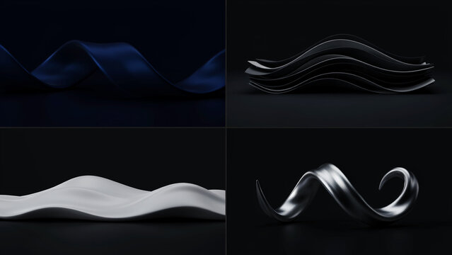 Abstract 3d renderings of smooth flowing waves in blue, black, and white, and a metallic twisted spiral shape on a dark background