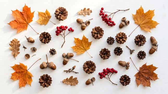 Autumn leaves acorns pinecones berries natural collection flat lay