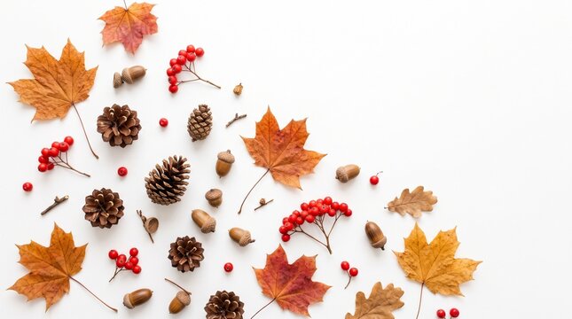 Autumn leaves pinecones berries acorns scattered flat lay natural elements