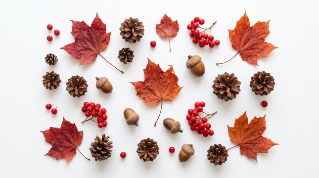 Autumn maple leaves pine cones berries acorns scattered flat lay natural