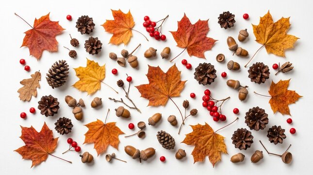 Autumn leaves acorns pinecones berries flat lay natural elements seasonal decor