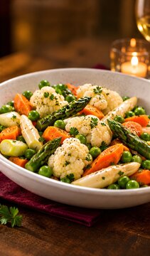 Leipziger Allerlei mit Spargel, Erbsen und Karotten mit frischen Kr&auml;utern verfeinert. Klassisches deutsches Gem&uuml;segericht zu Weihnachten.