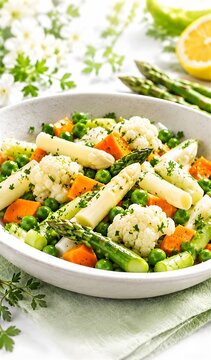 Leipziger Allerlei mit Spargel, Erbsen und Karotten mit frischen Kr&auml;utern verfeinert. Klassisches deutsches Gem&uuml;segericht.