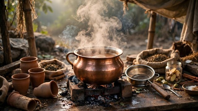 Steam rising from boiling milk tea in a copper pot, street food stall