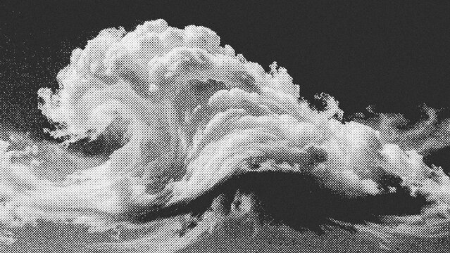 Halftone grain towering cumulus cloud formation in black and white, retro dot pattern sky texture, dramatic monochrome cloudscape on dark background