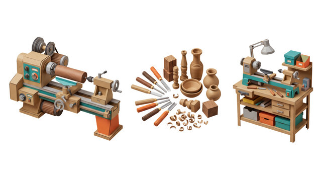 Woodworking lathe machines, hand chisels, wooden bowls, vases, and shavings arranged on a white background, isometric 3D style