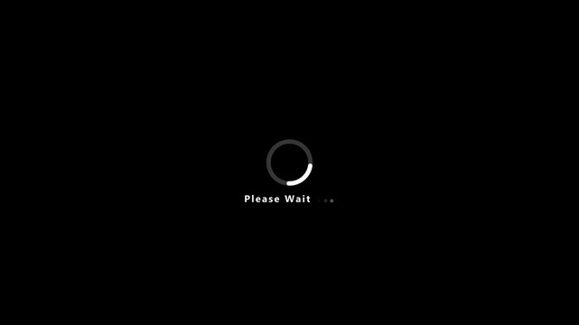 Minimalist loading spinner animation with please wait text on black background, for web and, app interface