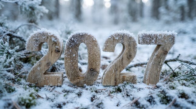 A beautiful frosty and textured depiction of the year 2027 symbolizing new beginnings and winter's