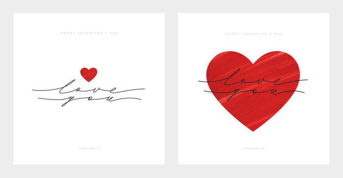 Valentine's Day Vector Greeting Card Set with Red Textured Hearts and Elegant Love You Calligraphy on White