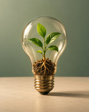 Conceptual Creative Still Life Featuring a Green Plant Sprout with Visible Roots Growing Inside a Transparent Glass Light Bulb Filled with Soil