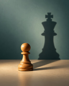 Conceptual Strategic Still Life of a Single Wooden Chess Pawn Standing on a Table and Casting the Large Shadow of a King Chess Piece on Wall