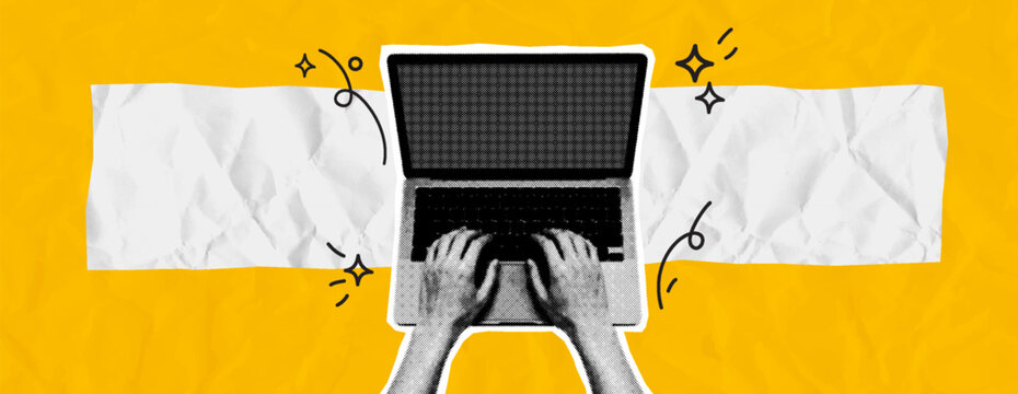 Retro Halftone Collage of Hands Typing on Laptop with Crumpled Paper Banner and Doodles on Yellow Background. Vector illustration.