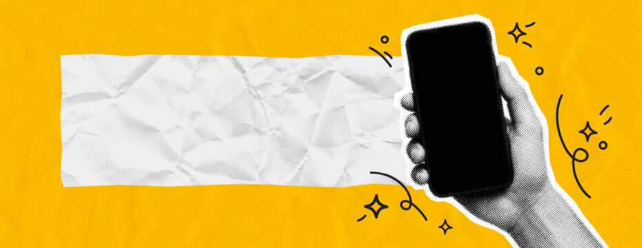 Retro Halftone Hand Holding Smartphone with Crumpled Paper Banner and Doodle Sparkles on Yellow Background. Vector illustration.