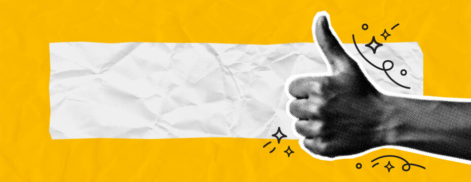 Retro Halftone Thumbs Up Hand Collage with Blank Crumpled Paper Banner on Yellow Background. Vector illustration.