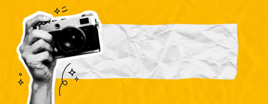 Retro Halftone Camera Held by Hand with Blank Crumpled Paper Banner and Doodle Sparkles on Yellow Background. Vector illustration.