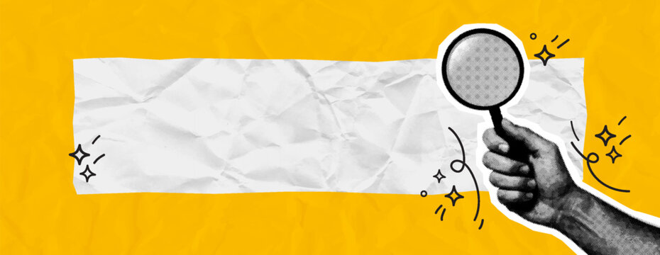 Retro Halftone Hand Holding Magnifying Glass with Blank Crumpled Paper Banner on Yellow Background. Vector illustration.