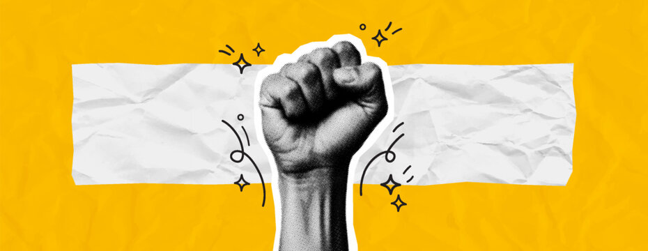 Retro Halftone Raised Fist Collage with Blank Crumpled Paper Banner and Doodle Sparkles on Yellow Background. Vector illustration.