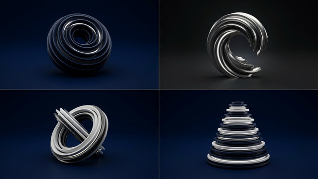Four abstract 3d geometric shapes including a dark sphere, a silver wave, a circular ring structure, and a stacked pyramid on a dark blue background