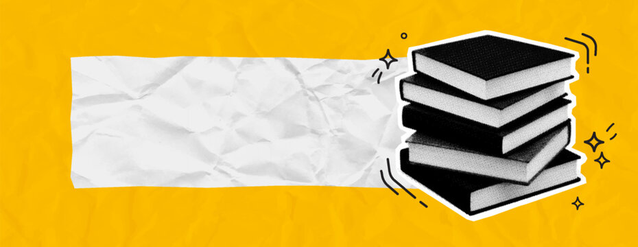 Retro Halftone Stack of Books Collage with Blank Crumpled Paper Banner on Yellow Background. Vector illustration.