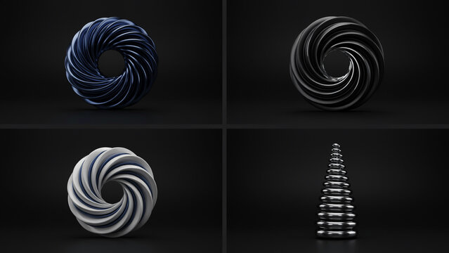 Four abstract 3d shapes including three swirling circular vortex forms in blue, black, and white, and a stacked metallic ring pyramid on black