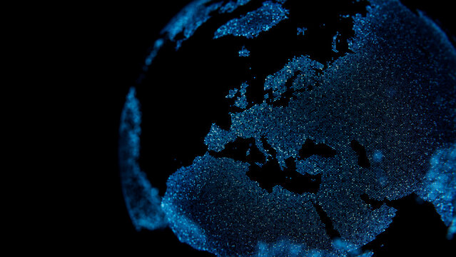 Spain in Europe on Ultra-advanced Blue World Map made of Illuminated Hexagonal Pixels. Freight Distribution Concept with copy-space.