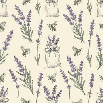 Vintage seamless pattern with lavender flowers bees and sachets
