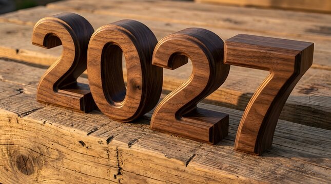 A beautifully crafted wooden representation of the year 2027 displaying rich textures and warm tones