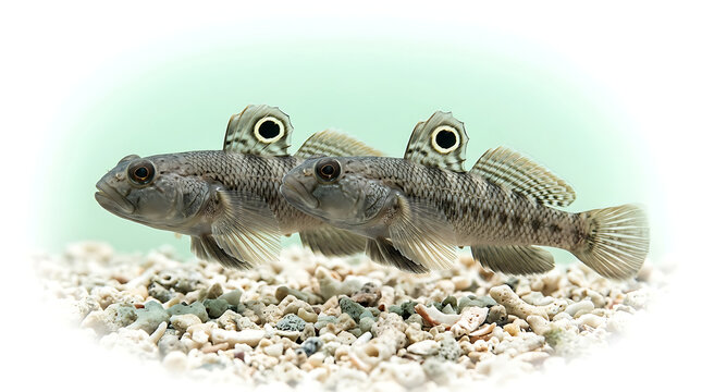 Two Twinspot Signal Goby Fish Swimming Together, Isolated on White with Transparent Background