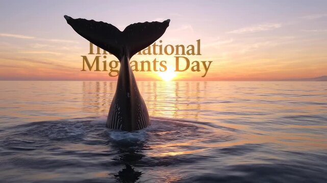 Whale's tail emerging from the ocean at sunset with 'International Migrants Day' text superimposed.