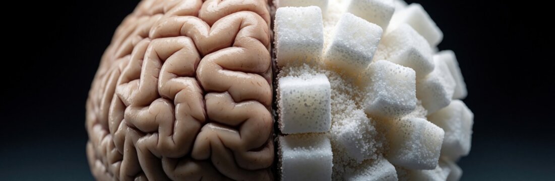 Conceptual illustration of human brain half made of sugar cubes. One side shows organic brain tissue side features white sweet lumps. Unhealthy diet, high glucose levels, negative impact of sugar on