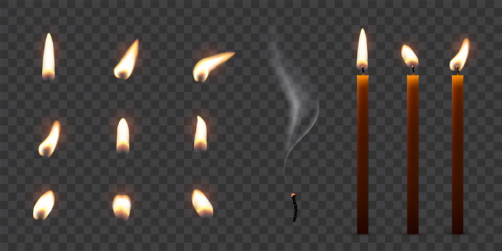 Candle flames. Candlelight fires vector illustration set. Realistic flame light on wick of candlestick, small romantic glow flare in night, collection isolated on transparent background.