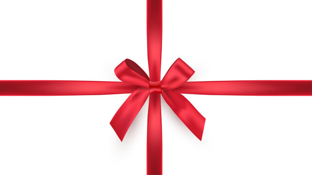 Red ribbon with bow on white background. Gift wrapping decoration element. Present box decoration. Realistic 3d vector illustration.