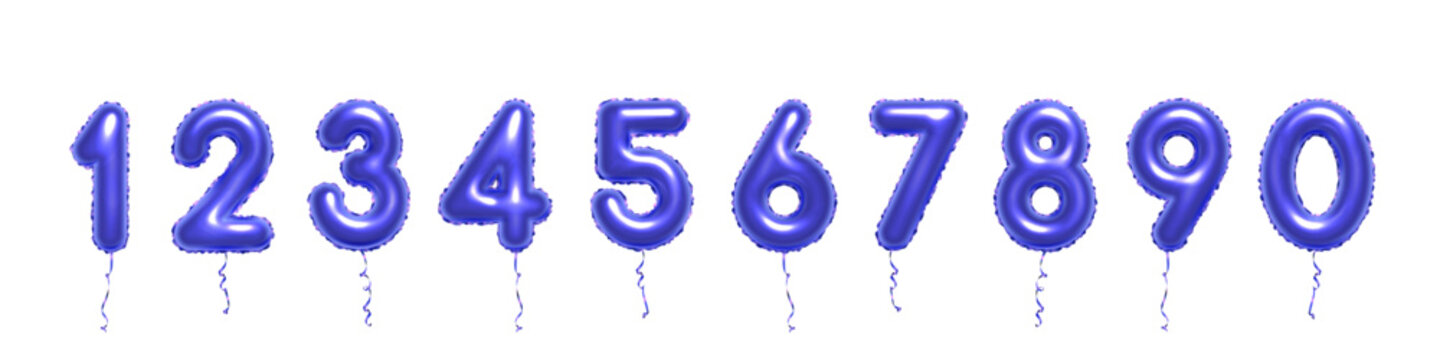 Blue 3D balloon numbers isolated on transparent background. Set of color metallic isolated numbers. Bright realistic vector design elements for birthday, anniversary, celebration, party, sale