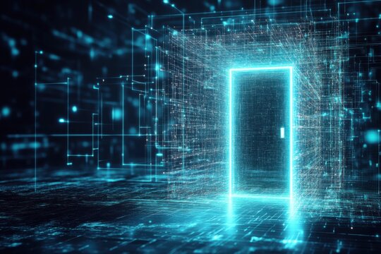 Glowing neon door surrounded by holographic lines in a digital landscape