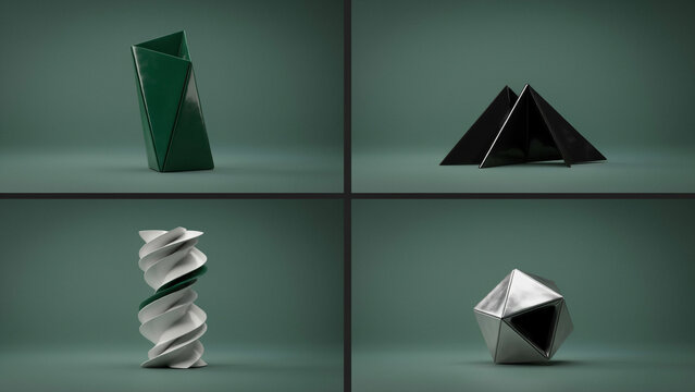 Four panels displaying abstract geometric sculptures including a green prism, black pyramids, a white twisted column, and a silver polyhedral shape