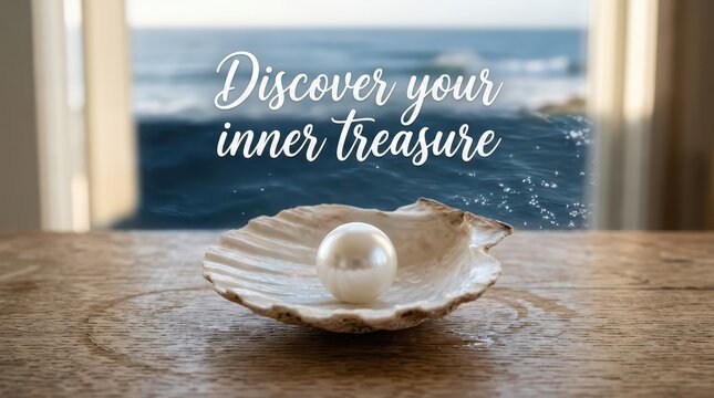 Discover your inner treasure: a pearl in a seashell with ocean background