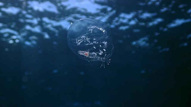 Close-up of a gelatinous comb jelly parasitized by a hyperiid amphipod carrying larvae on its body in pelagic waters.