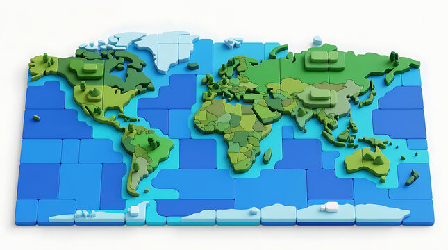 A stylized 3D block world map showing continents and oceans with varying elevations and country borders.