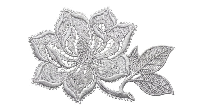White lace flower embroidery applique isolated on transparent background for fashion design and textile decoration floral fabric ornament needlework cutout png alpha channel clip art sewing craft with