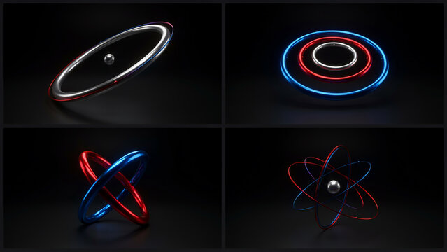 Four variations of atomic-style orbital ring structures featuring metallic spheres and glowing blue and red rings on a dark, minimalist background