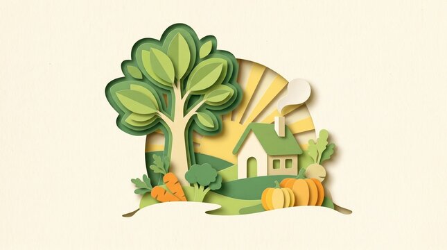 eco-friendly illustration, a whimsical layered paper-cut depiction of a vibrant plant-based landscape