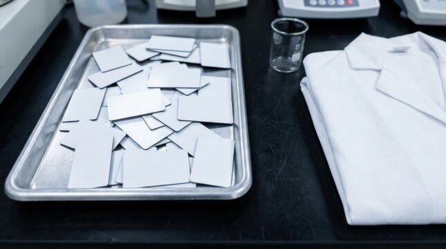 Pile of deactivated lab access badges beside a folded researcher's coat on a laboratory counter, symbolizing scientific brain drain