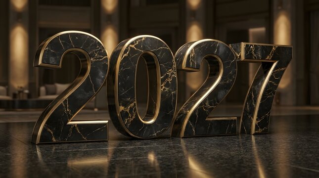 A striking artistic rendering of the year 2027 showcasing a metallic textured and futuristic aesthetic