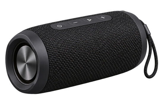 Black portable Bluetooth speaker isolated on transparent background