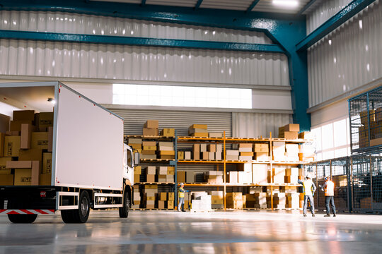 3D Delivery truck loading dock beside packed warehouse shelves in distribution center